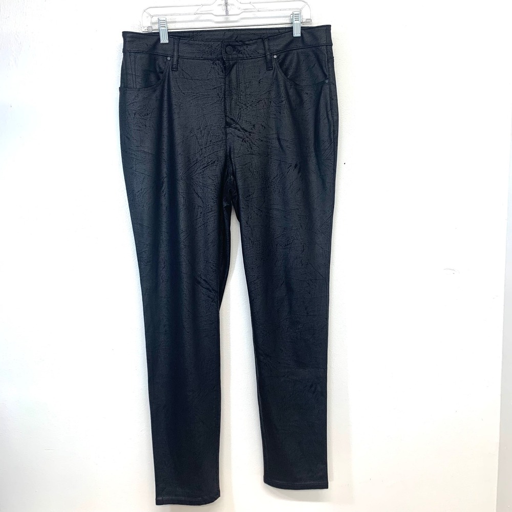 Chicos Black Coated Pants High Rise Straight Leg Size 2R US 12 Stretch Pockets